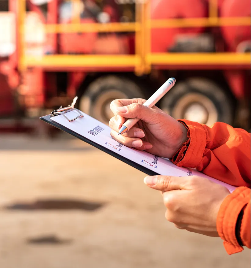 Person in orange jacket holding a pen and clipboard with checklist near a large red vehicle.
