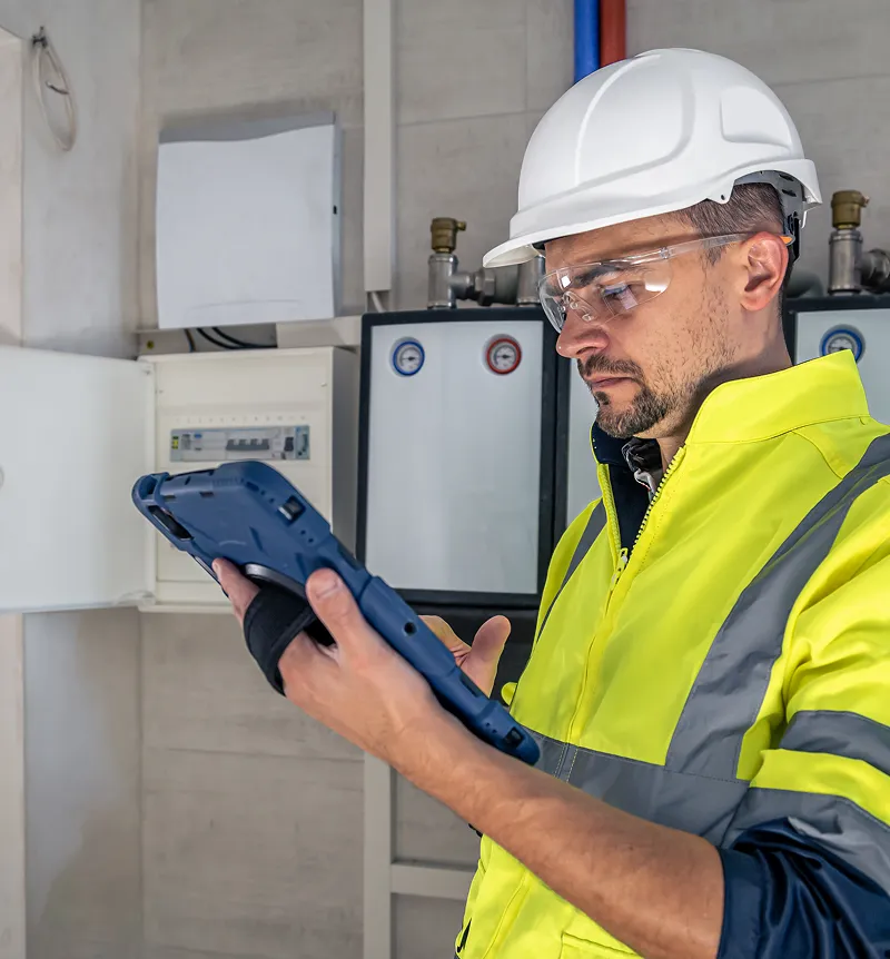 Male technician in high-visibility jacket, white hard hat, and safety glasses using a tablet in a utility room with gauges and electrical panels.
