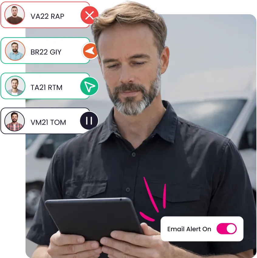 Man with beard holding a tablet with overlay of chat messages and an email alert toggle switched on.