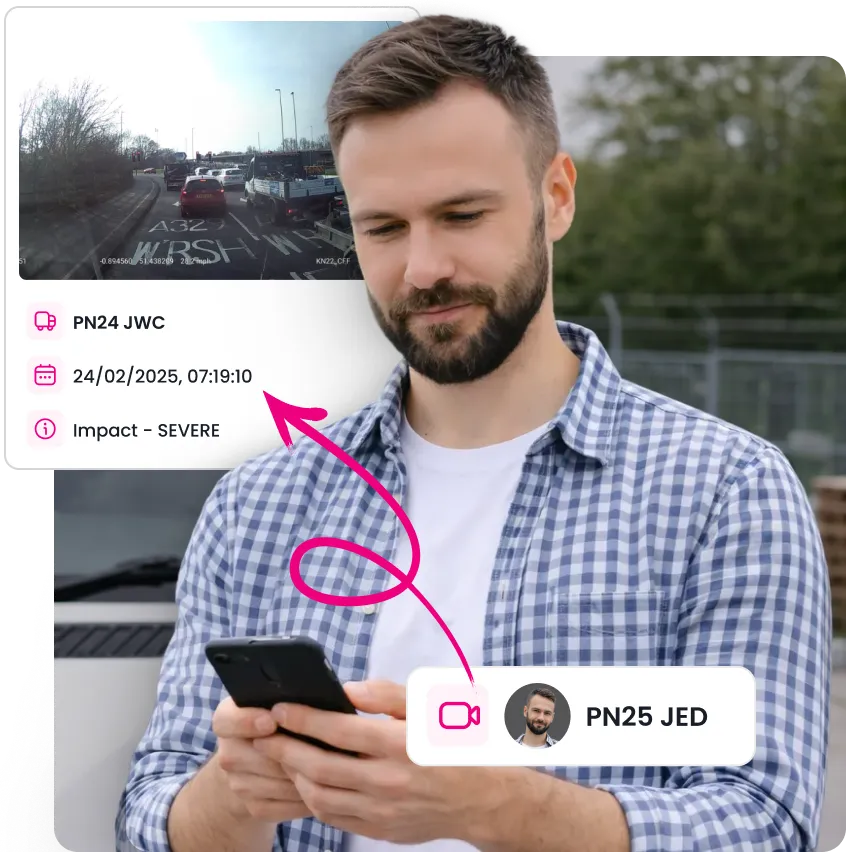 A man with a beard wearing a checkered shirt looking at his smartphone, with an overlay showing vehicle impact details and a traffic image.