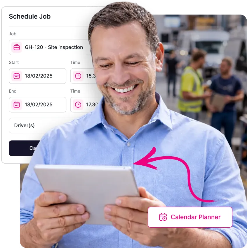 Smiling man holding a tablet with a schedule job interface in the background showing a site inspection job scheduled for February 18, 2025, with start and end times and a calendar planner label.