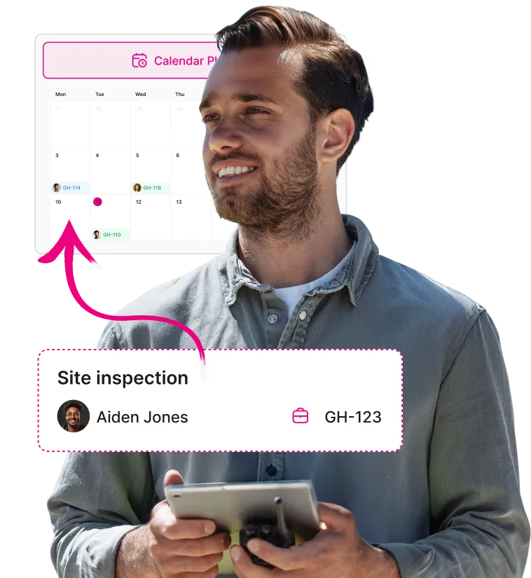 Smiling man holding tablet with calendar and site inspection job assigned to Aiden Jones GH-123.