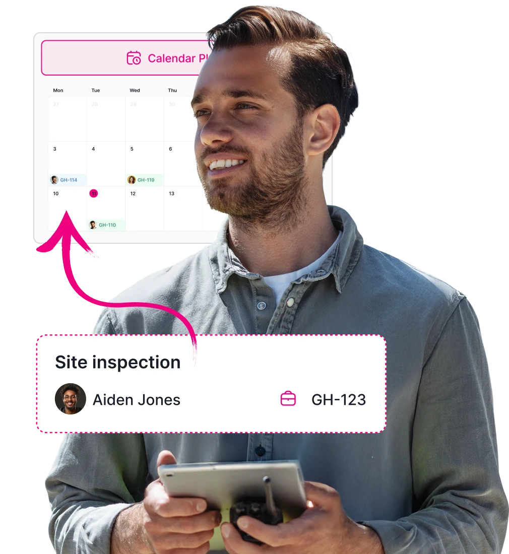 Smiling man holding tablet with calendar and site inspection job assigned to Aiden Jones GH-123.