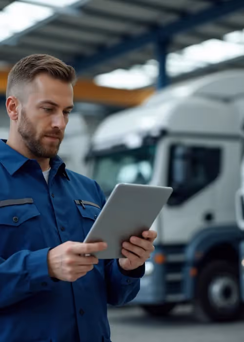 man with tablet checking trucks
