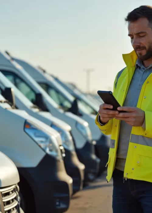 Row of white vans lined up and man ooking a tablet