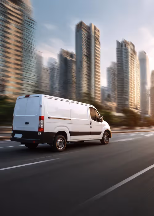 van speeding through city
