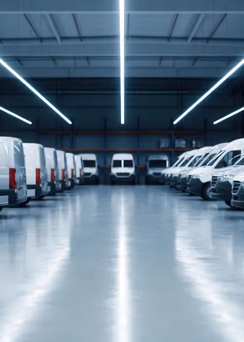 vans in rows in warehouse