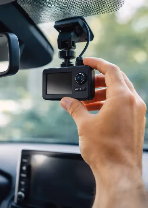 Dash cam facing the road in a vehicle