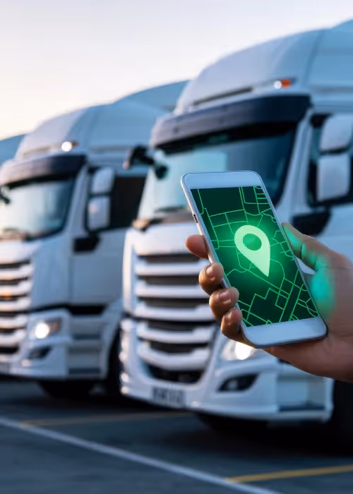 line of trucks with mobile with location on 