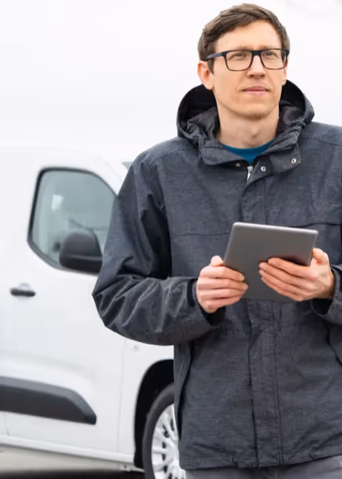 Man with tablet and vans in background