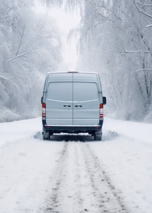 Van driving on a snowy road