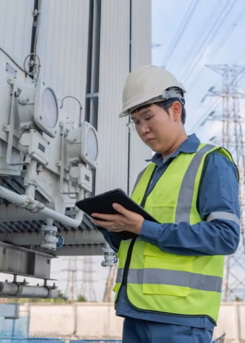 man at back of truck in hard hat using tablet