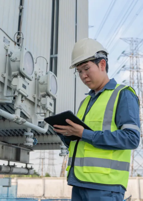 man using tablet in hard hat next to truck