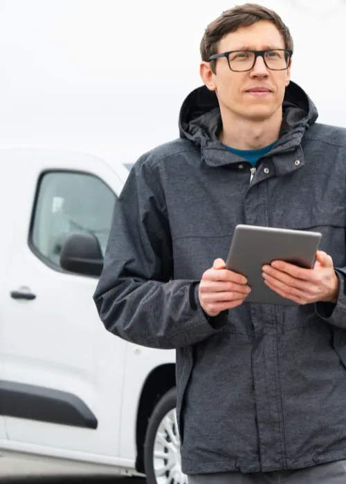 man with tablet infront of vans