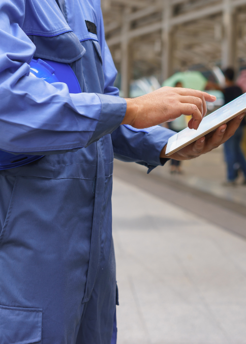 man looking at automated reports on a tablet