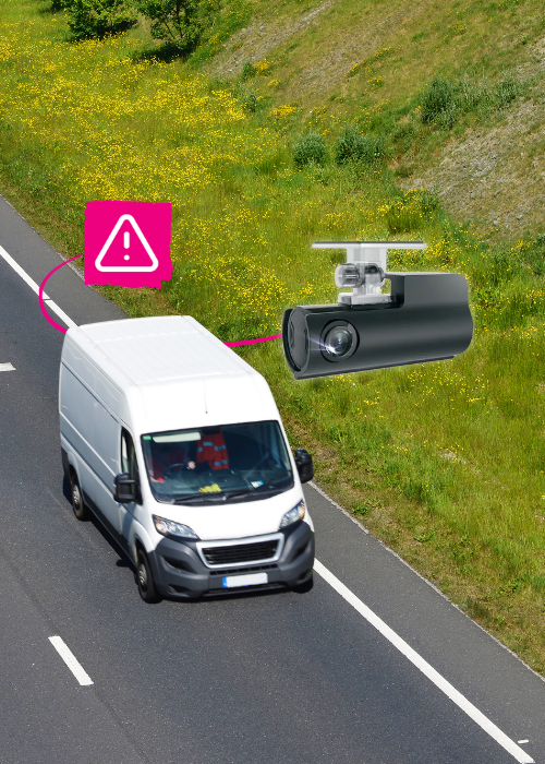 Image of van driving down road with dashcam and alert icon