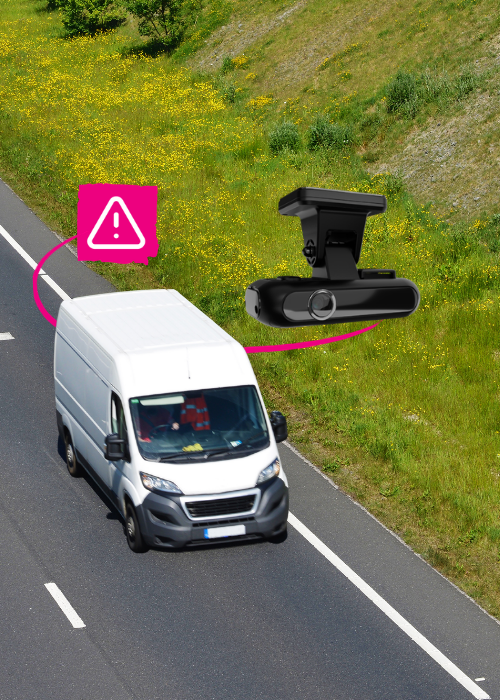 Image of van driving down road with dashcam and alert icon