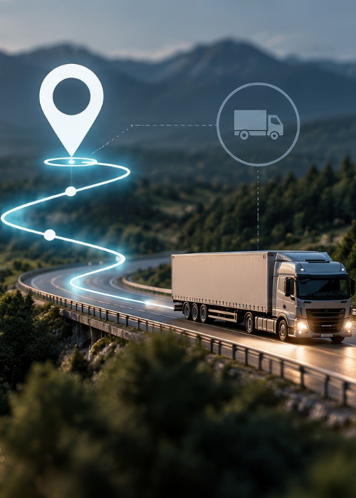 Truck driving on road with tracking symbol above