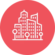 Vit ikon av stadens byggnader och träd på röd bakgrund.