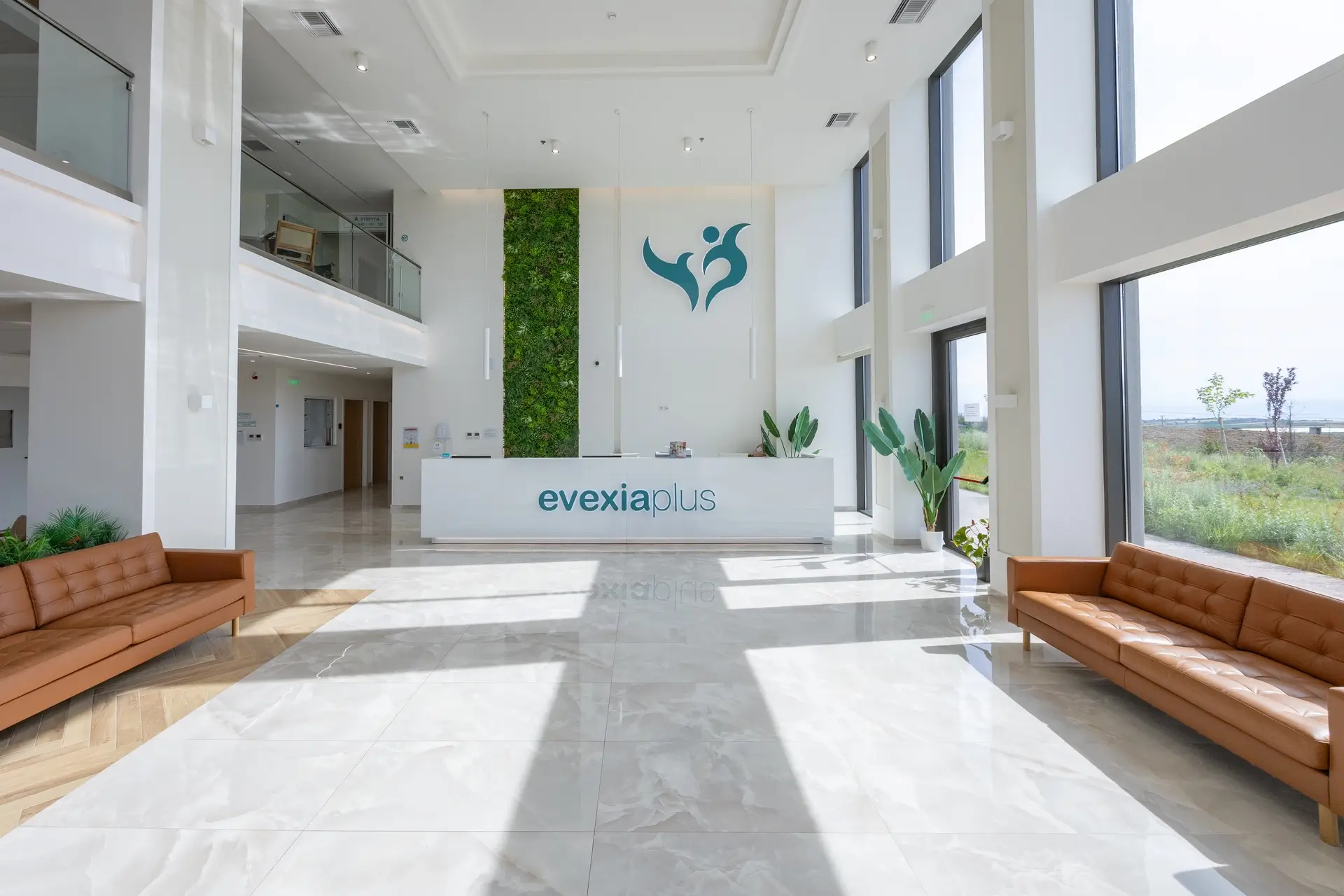Bright reception area with large windows, two brown leather sofas, white desk, and green wall panel.