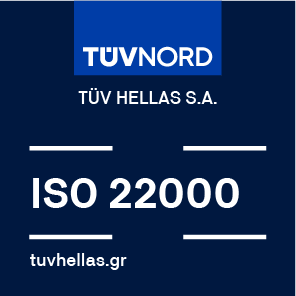 TΓV NORD logo with TΓV HELLAS S.A. and ISO 22000 certification text on blue background.