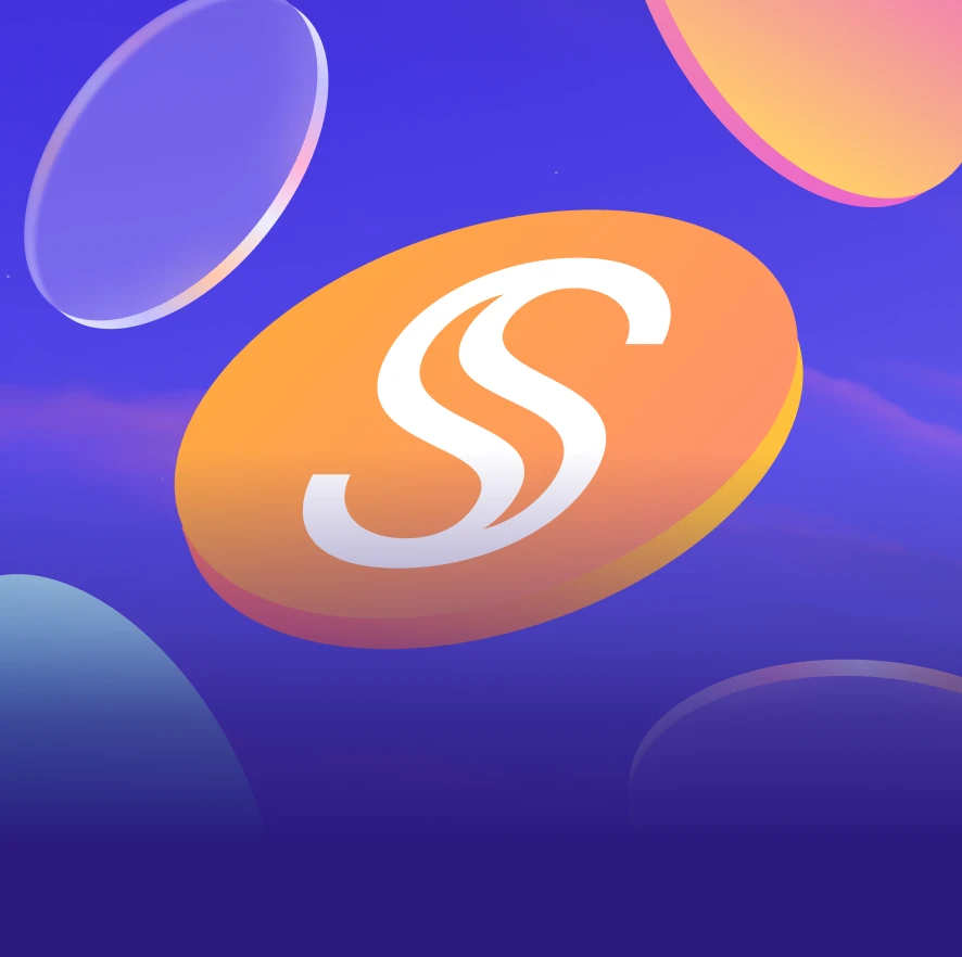 Orange USDS coin with the Sky S symbol floating among stablecoins on a violet background