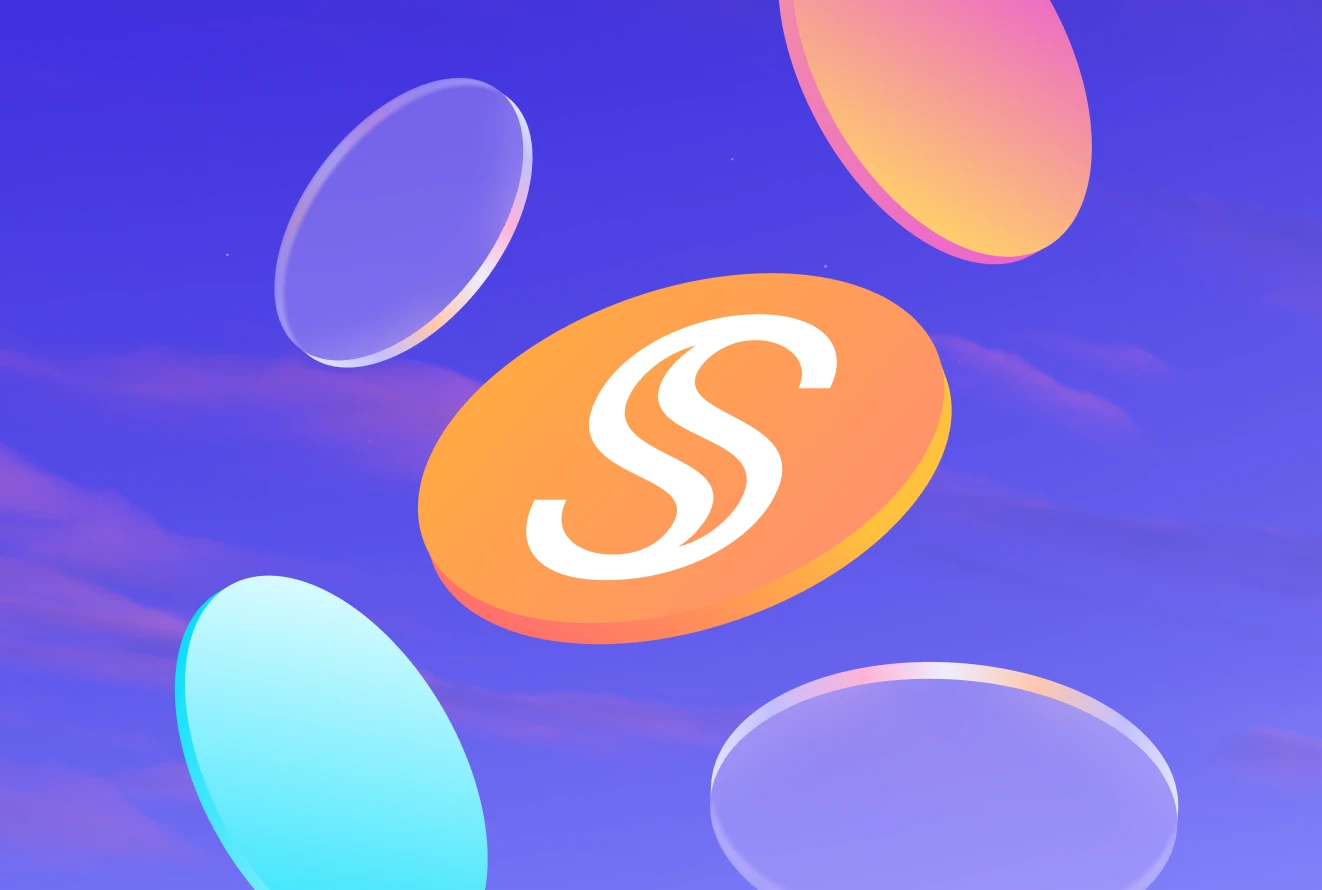 USDS, the native stablecoin of Sky Protocol, shown as an orange coin floating among stablecoins on a violet Sky background