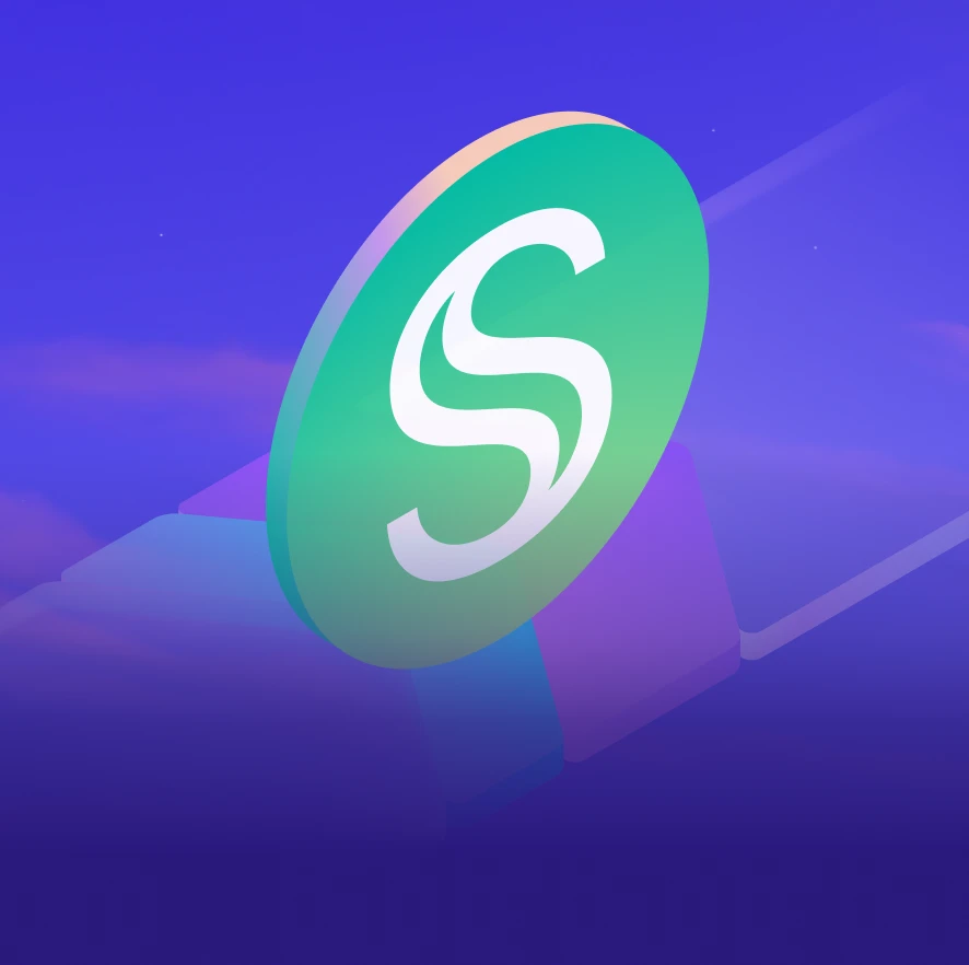 "What Is sUSDS?" article thumbnail on a deep blue-to-purple starfield. The title and the Sky logo sit at left, beside a large 3D green sUSDS coin bearing the Sky "S" mark.