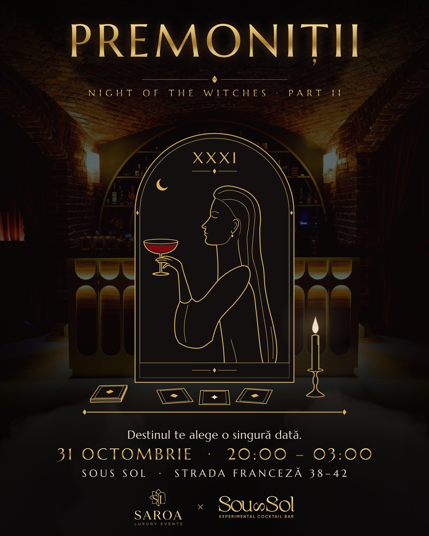 Premoniții: Night of the Witches Part II poster, a gold line drawing of tarot card XXXI inside the Sous Sol bar vault