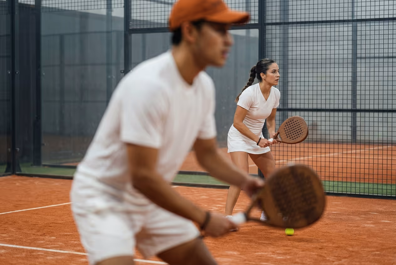 Ein Mann und eine Frau spielen Paddle-Tennis auf einem roten Sandplatz mit Netzen.