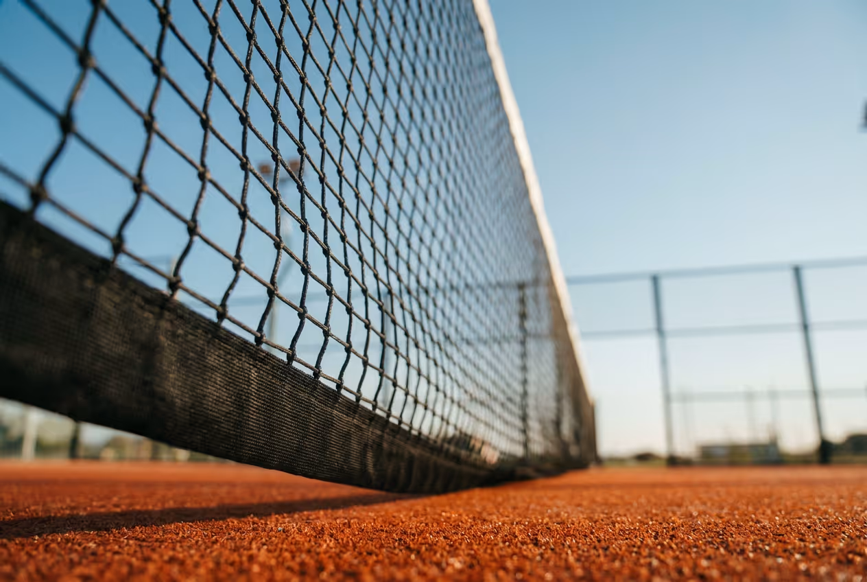 Niedrigwinkelaufnahme eines Tennisnetzes auf einem roten Sandplatz mit klarem Himmel.