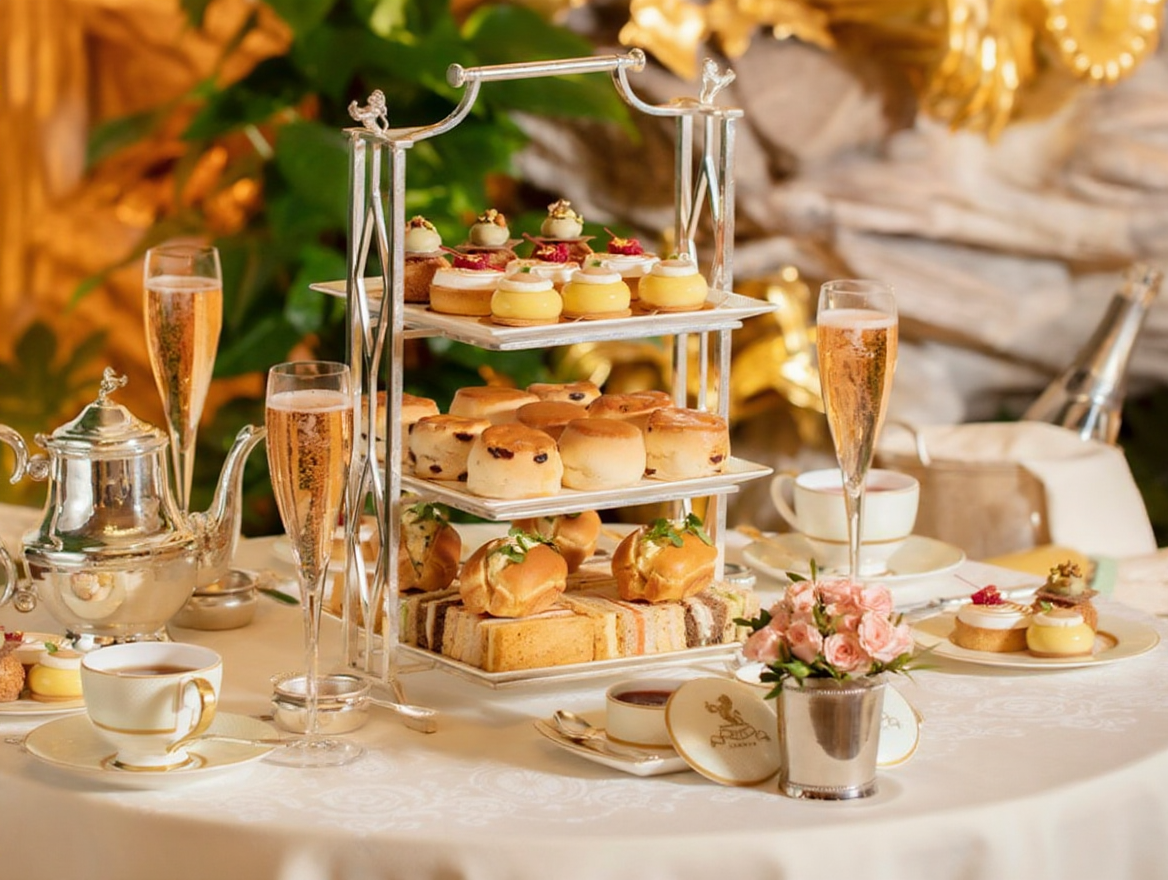 Afternoon tea élégant avec champagne et pâtisseries