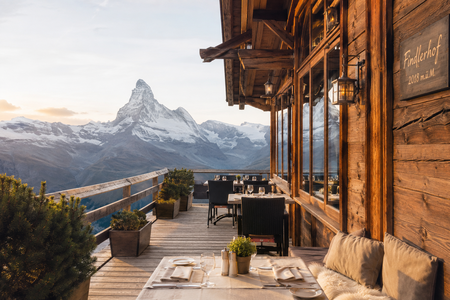 Terrasse de restaurant de montagne en bois face au Cervin à Findeln.