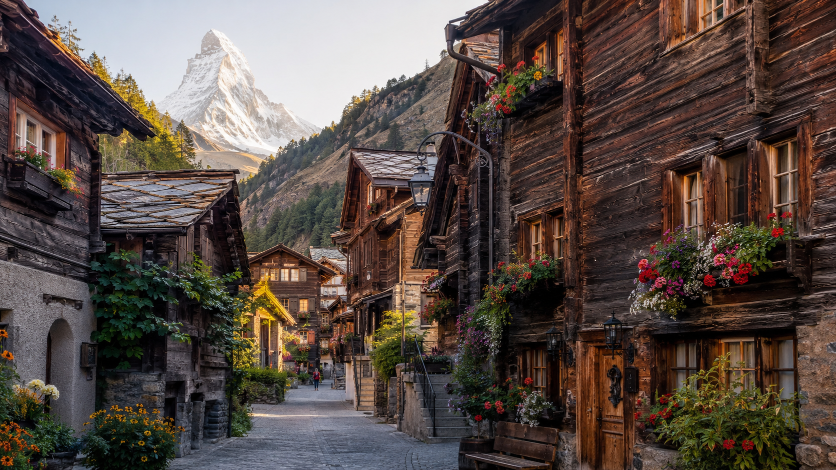 Ruelles authentiques du vieux village de Zermatt avec ses chalets traditionnels en bois.