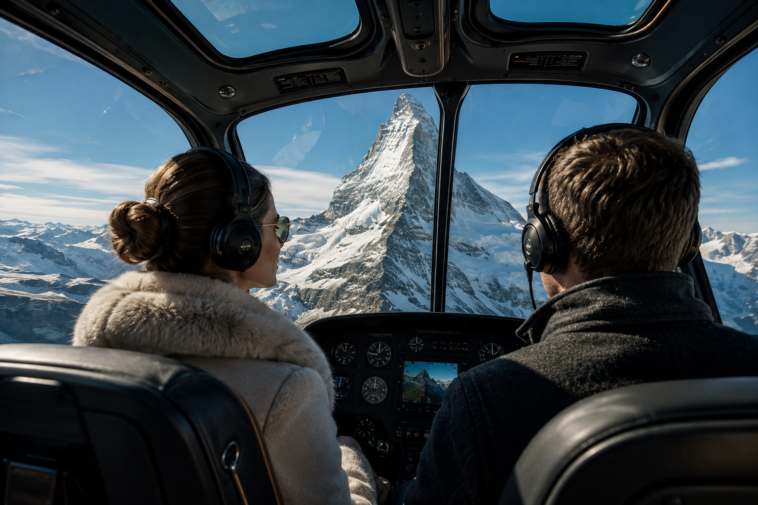 Hélicoptère d'Air Zermatt survolant les crêtes enneigées autour du Cervin.
