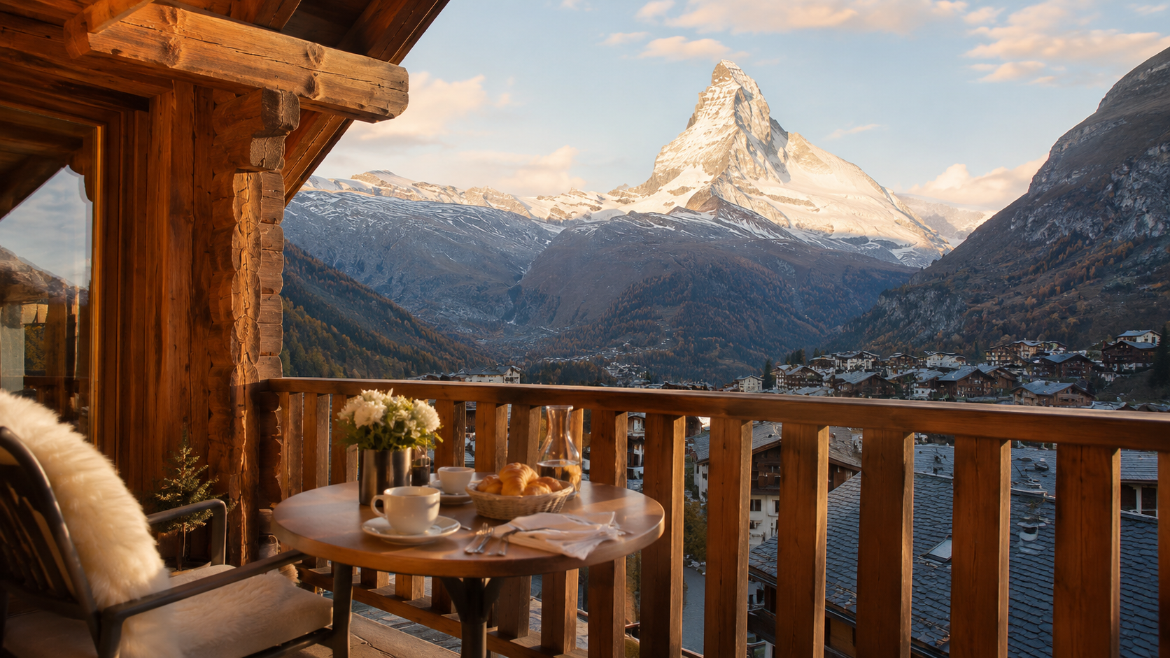 Vue panoramique spectaculaire sur le mont Cervin depuis la terrasse de l'hôtel Beausite à Zermatt.