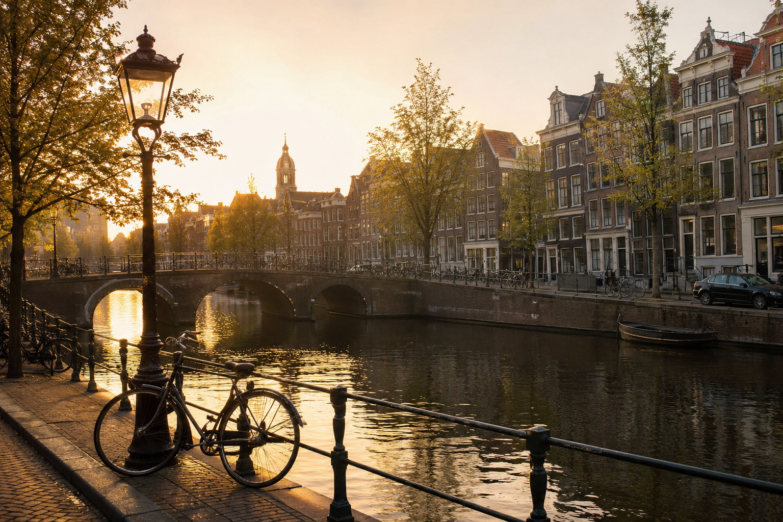 Canal d’Amsterdam au coucher du soleil, ideal pour une croisiere romantique.