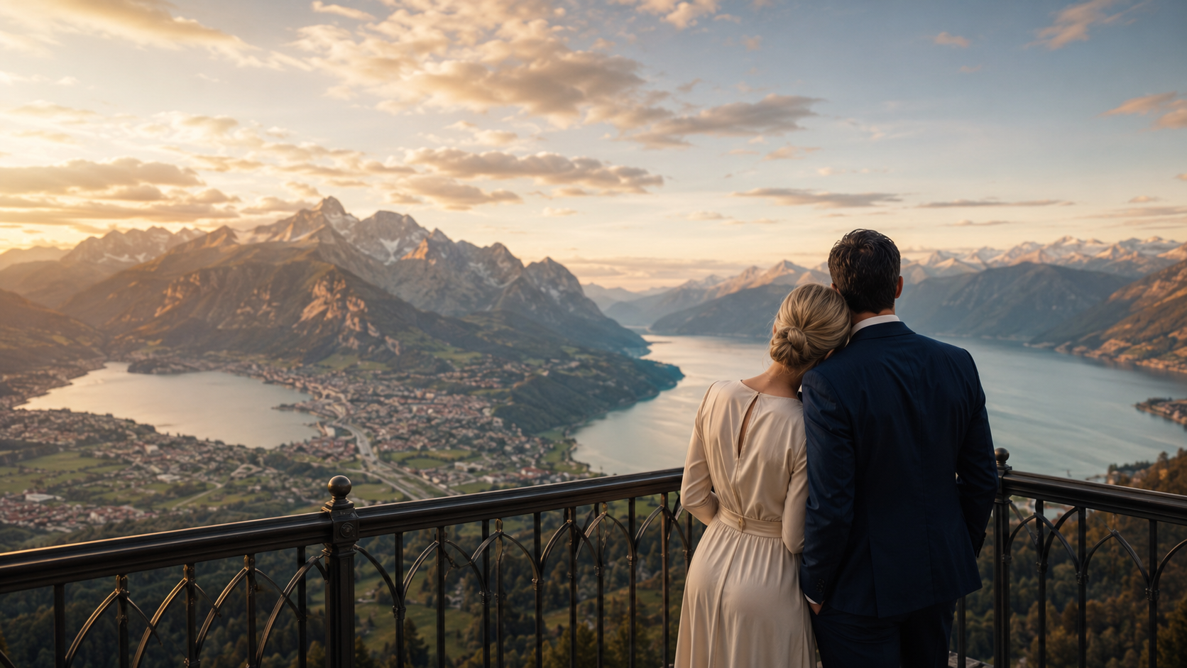 Couple admirant Interlaken et les deux lacs depuis Harder Kulm au coucher du soleil.