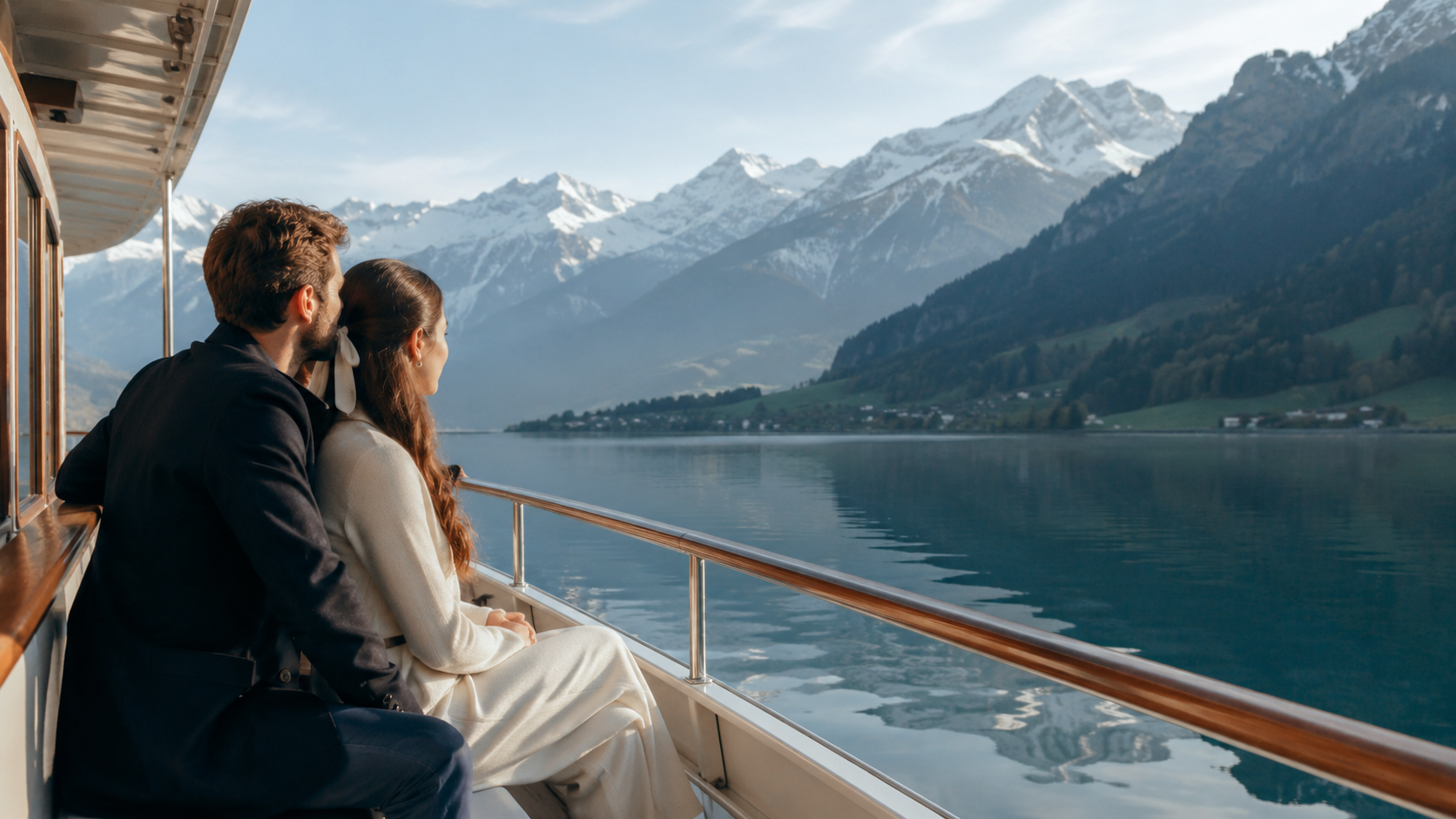 Couple sur un bateau de croisière face aux montagnes du lac de Brienz ou de Thoune.