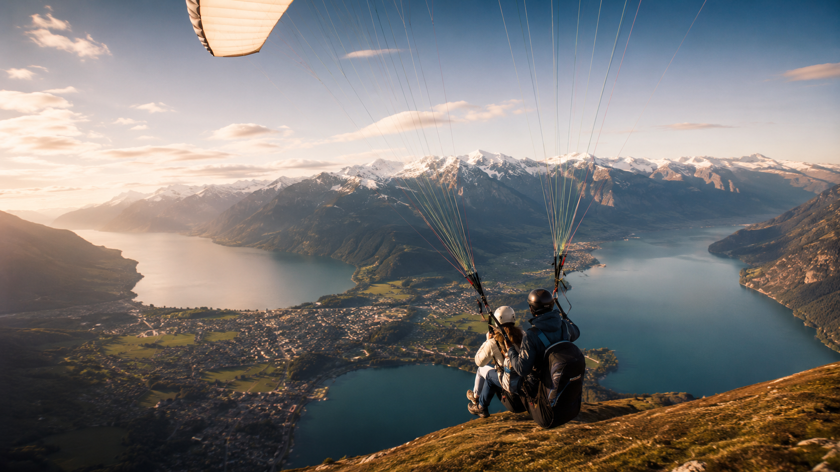 Parapente au-dessus d'Interlaken avec Lake Brienz et Lake Thun en arrière-plan.