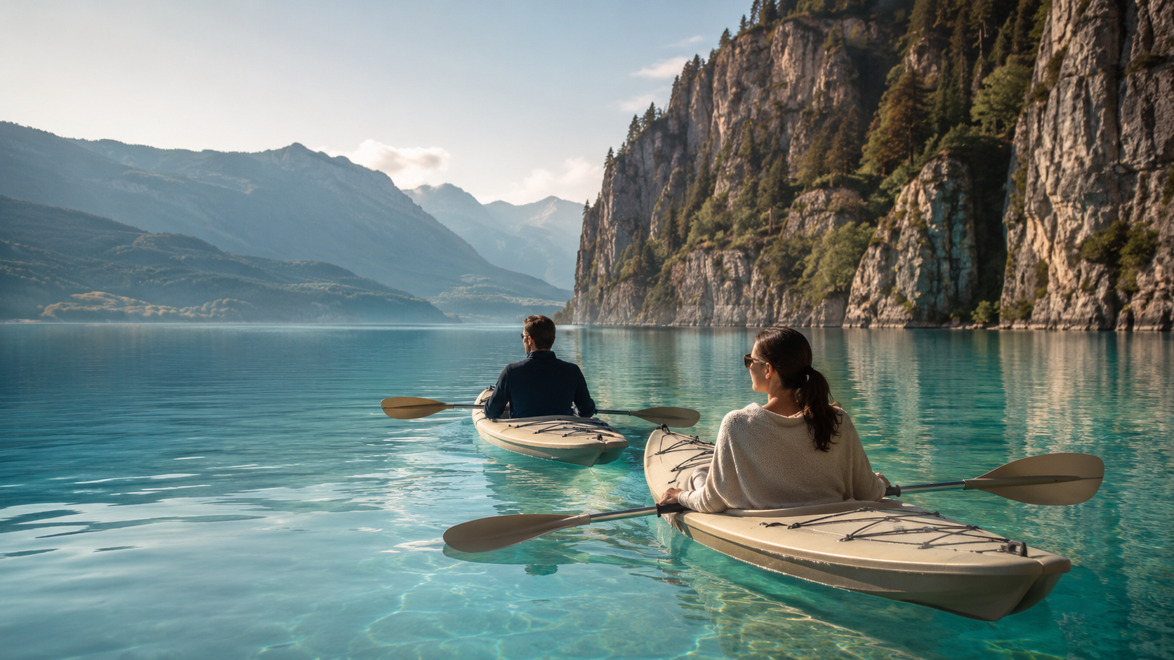 Kayak en couple sur les eaux turquoise de Lake Brienz près d'Interlaken.