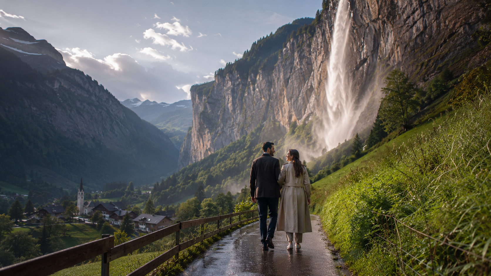 Couple marchant dans la vallée de Lauterbrunnen près d'une grande cascade.
