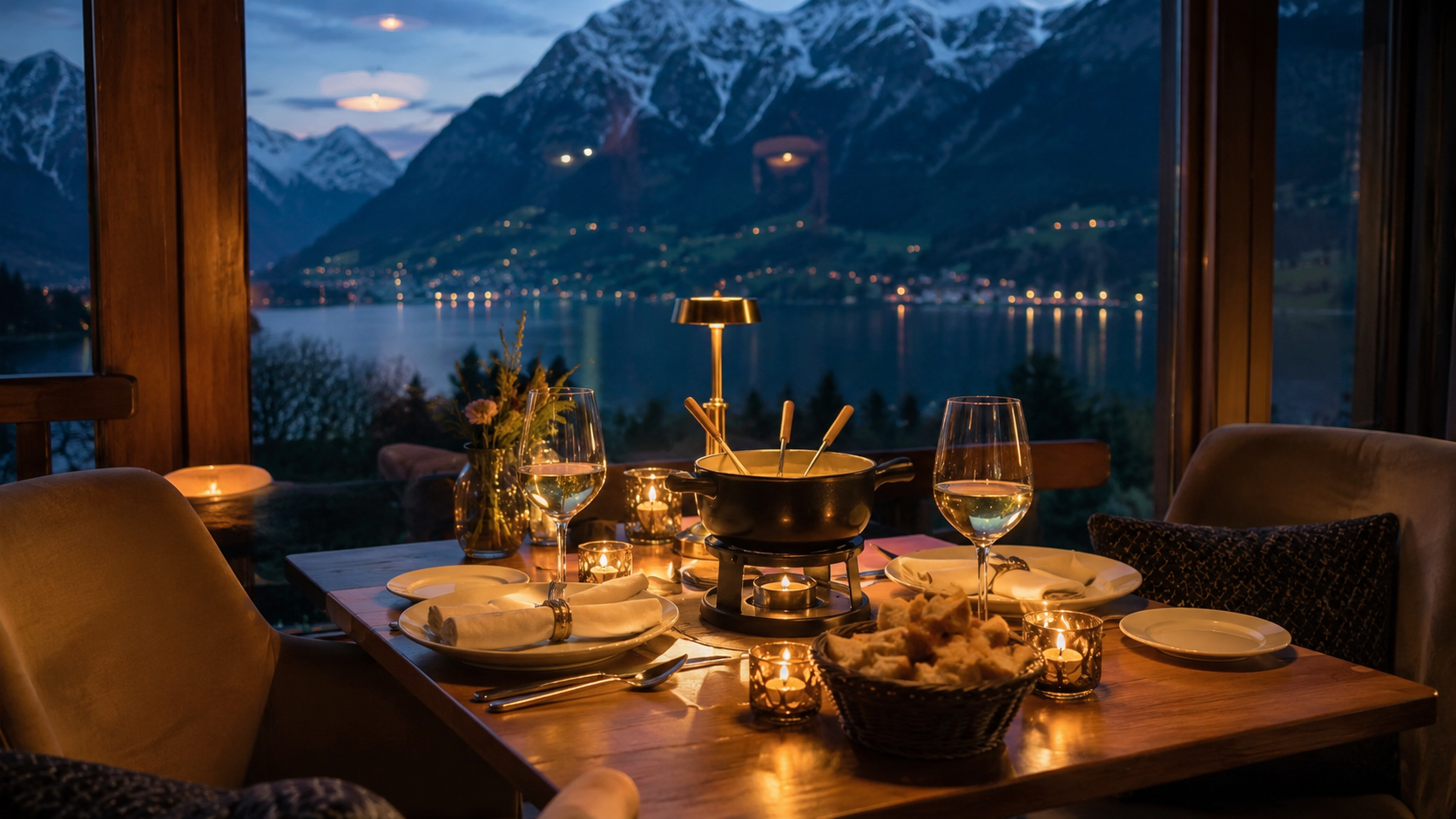 Dîner suisse avec fondue et vue nocturne sur un lac alpin près d'Interlaken.
