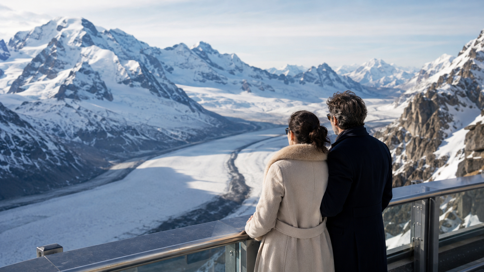 Couple face au glacier et aux sommets depuis Jungfraujoch Top of Europe.