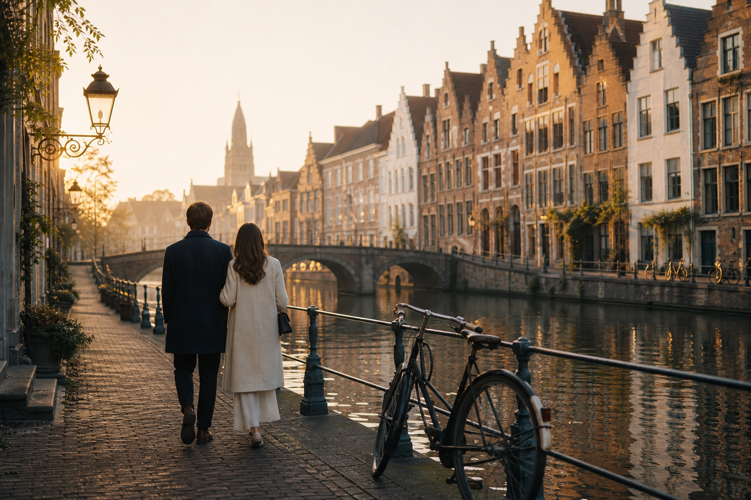 Canal de Bruges au lever du jour avec façades flamandes