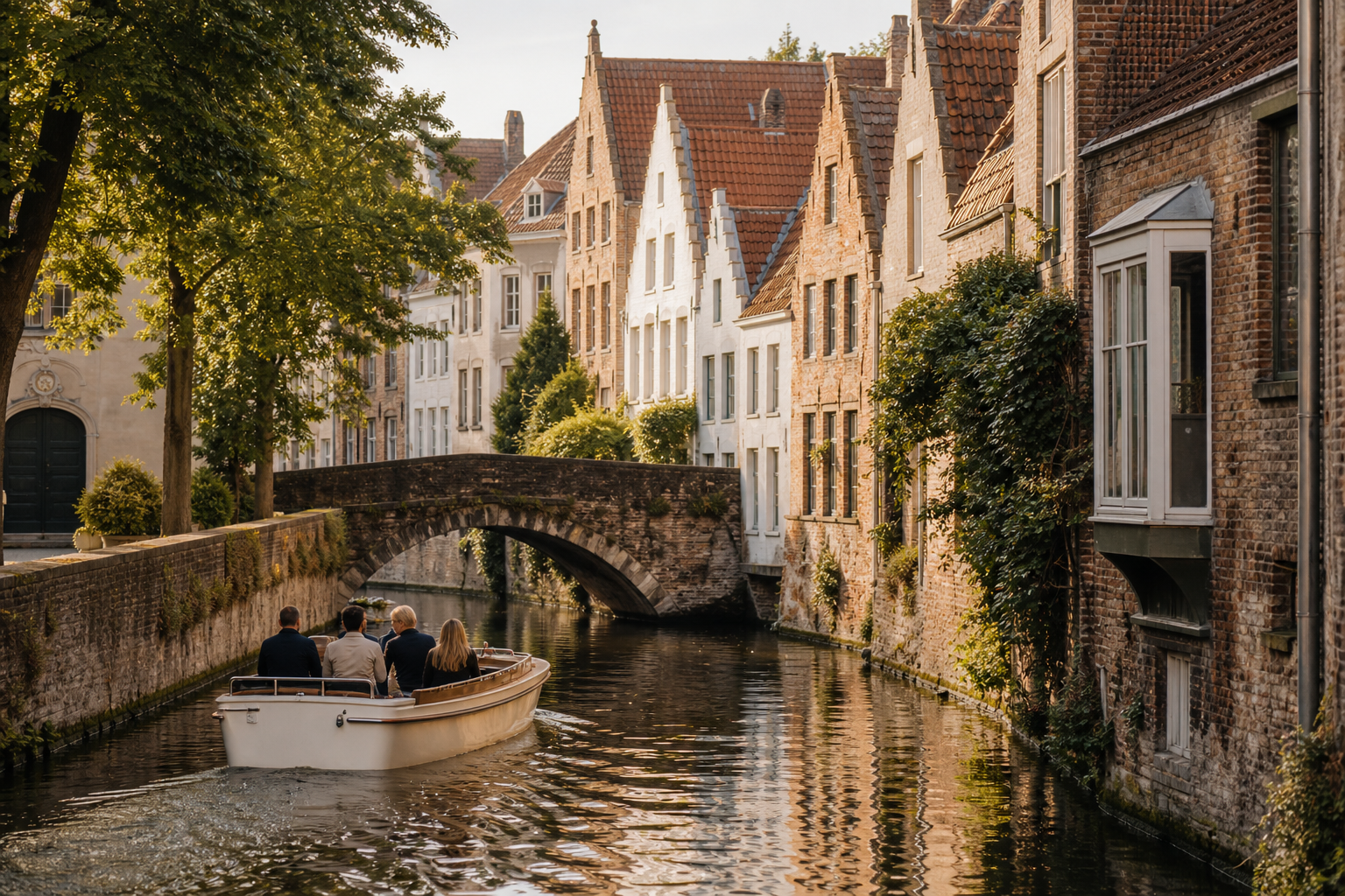 Bateau sur les canaux de Bruges sous un pont ancien