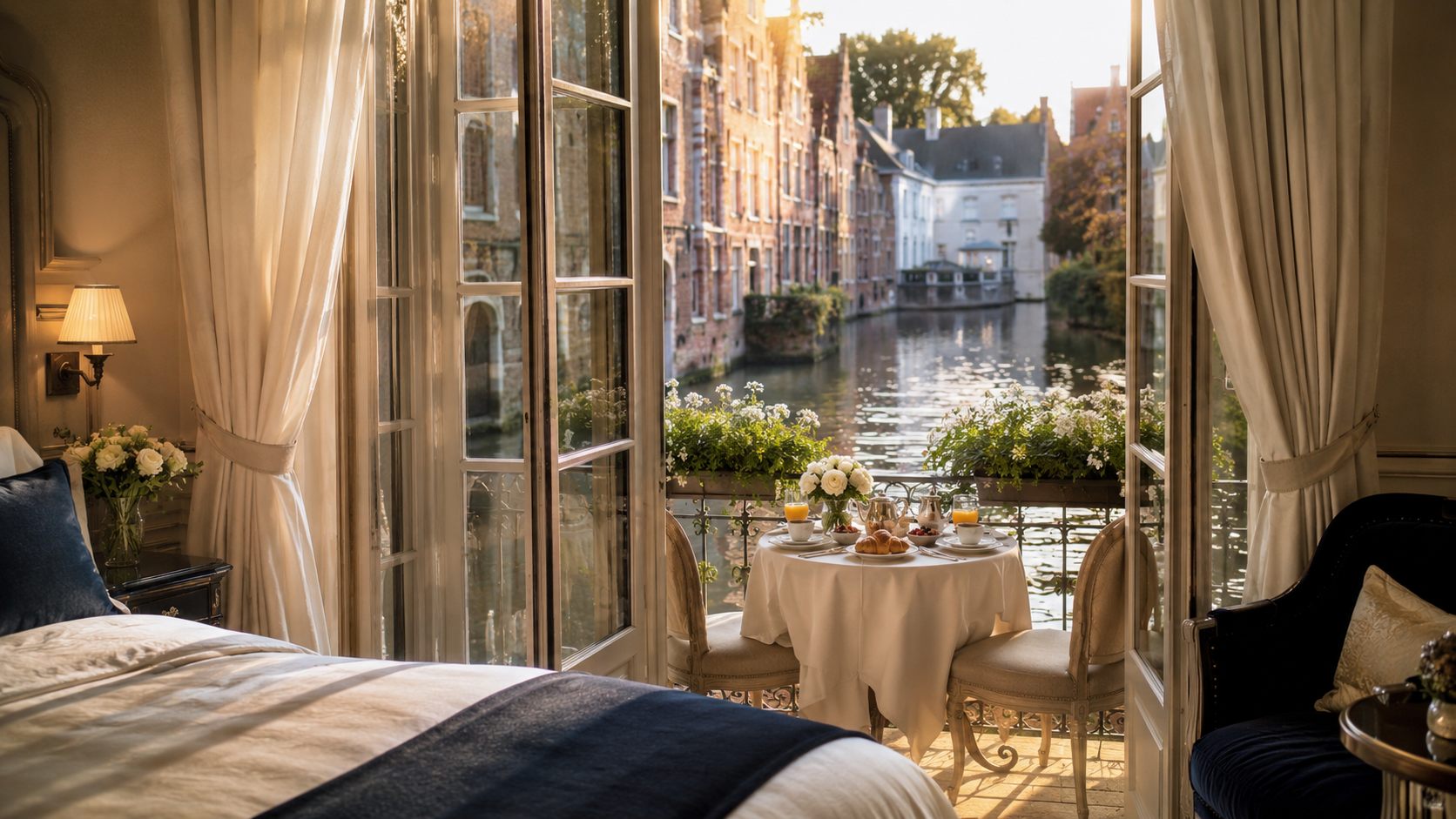Chambre d'hôtel ouverte sur un canal de Bruges au lever du soleil