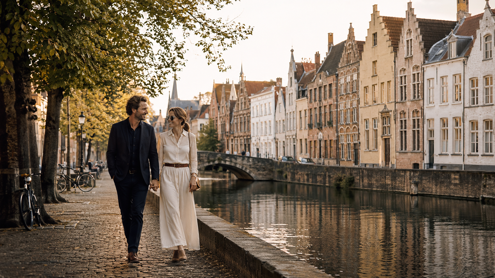 Couple souriant le long d'un canal de Bruges au soleil du matin