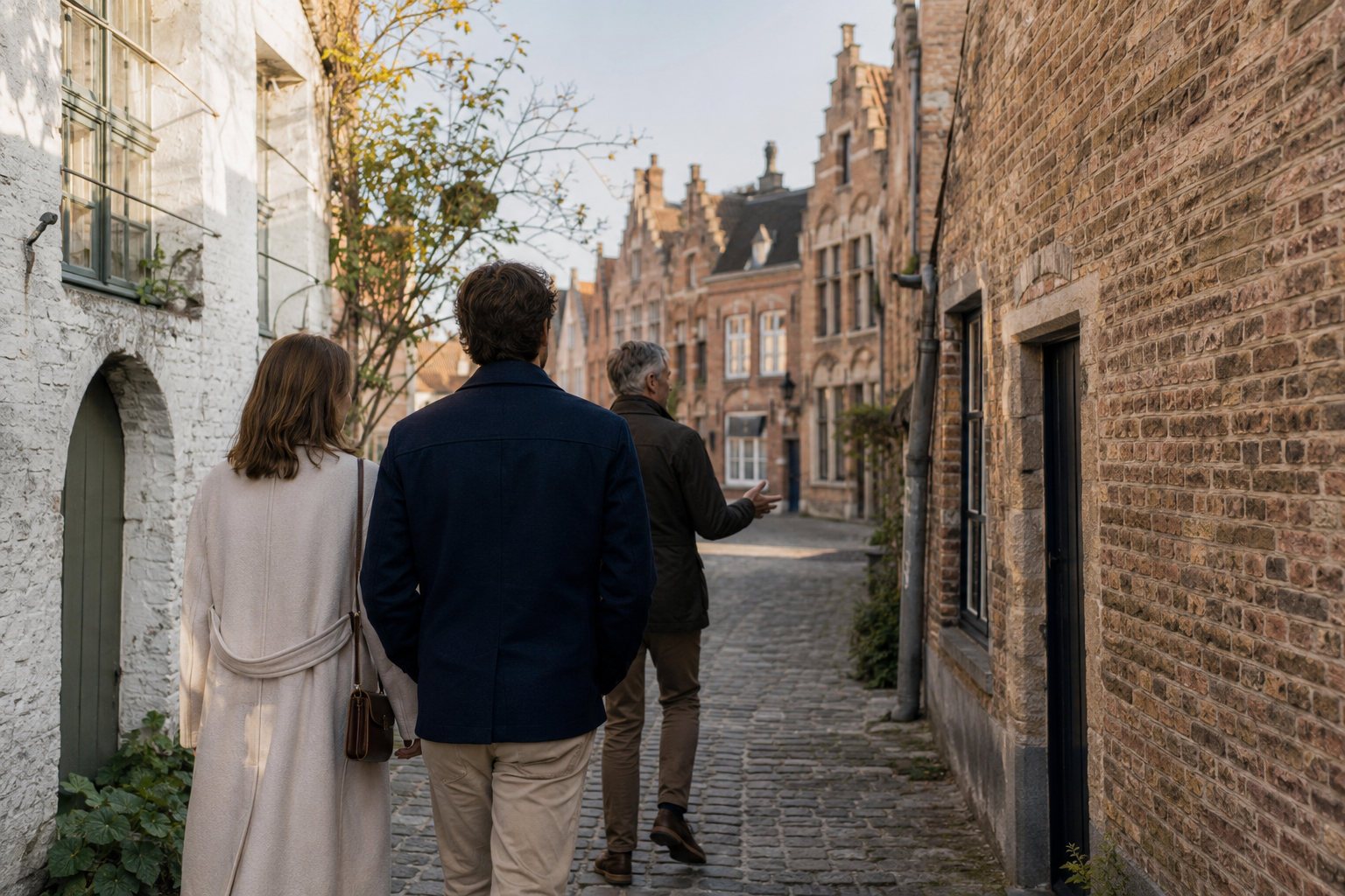 Couple suivant un guide dans les ruelles historiques de Bruges