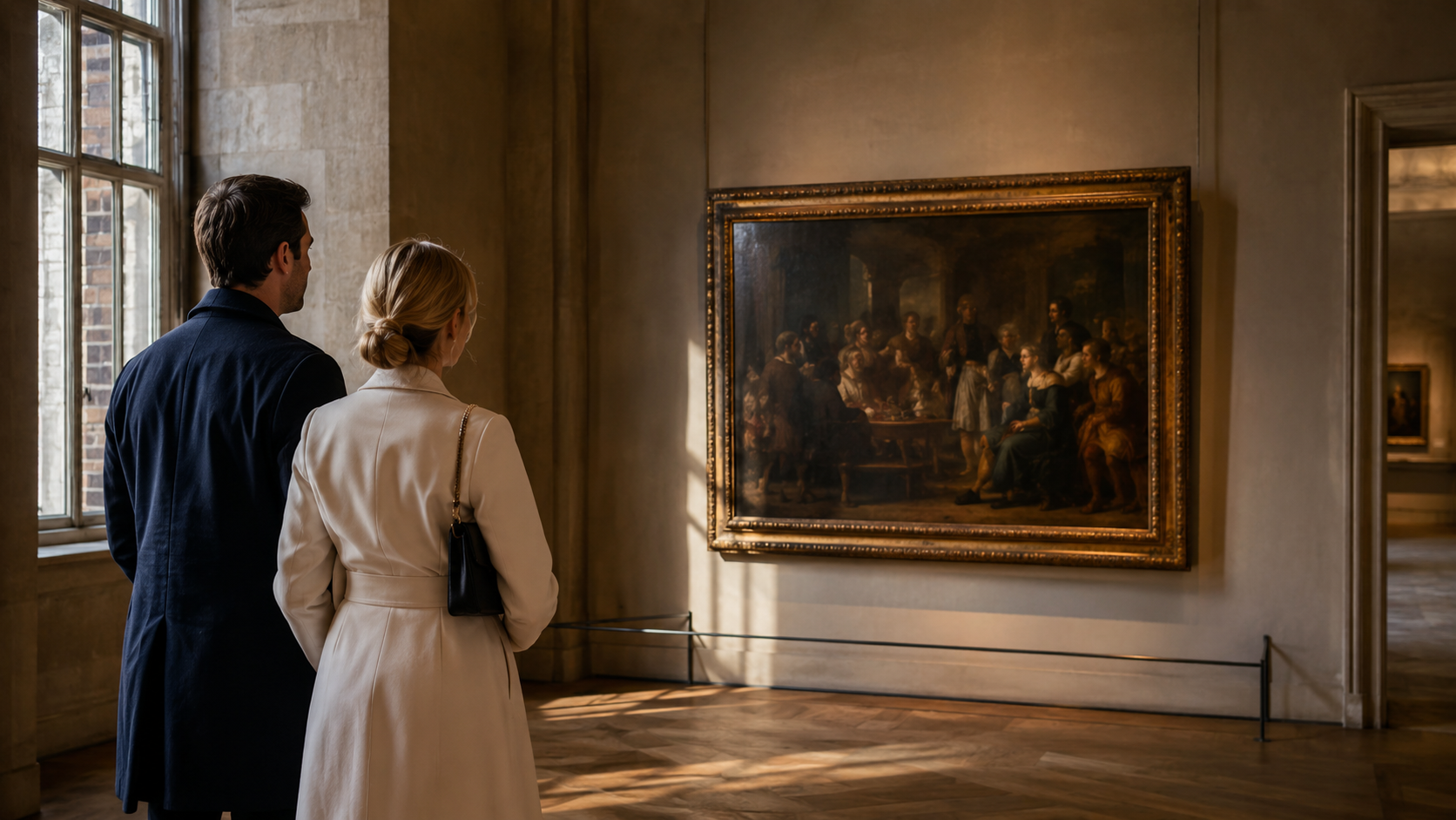 Couple observant une peinture flamande dans un musée de Bruges